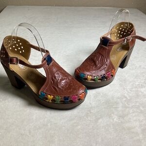 Macarina Collection Brown Heeled Huarache Sandals, Tooled Leather, Women's US 9